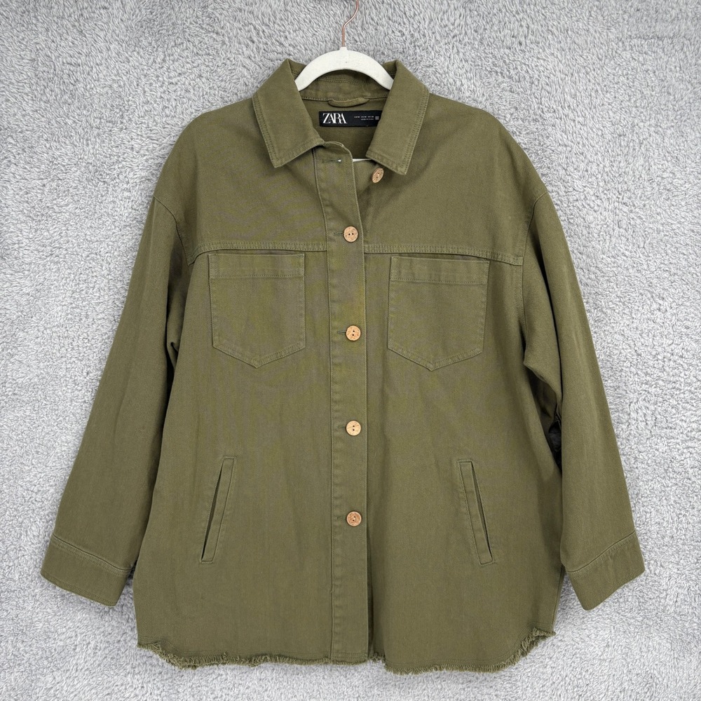 Zara Canvas Utility Shacket Fray Hem Size M Green Oversized Cotton Pockets